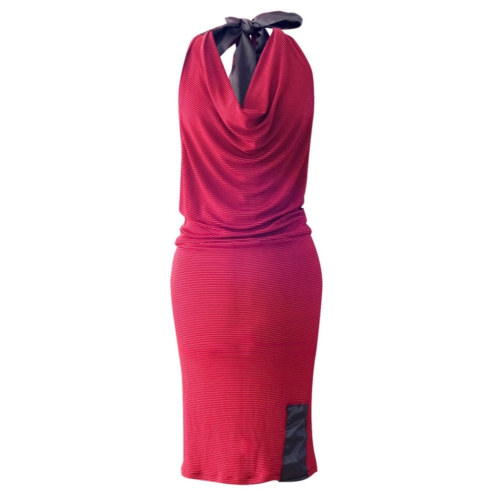 Red and Black Pinstriped Deep Cowl Backless Dress